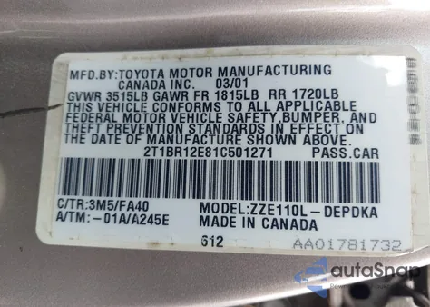 2001 Toyota Corolla Le from USA, damaged, VIN 2T1BR12E81C501271